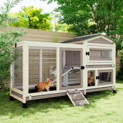 Clapier à lapins à deux étages pour l'intérieur et l'extérieur, cage en bois avec roues verrouillables, plateaux amovibles et toit étanche