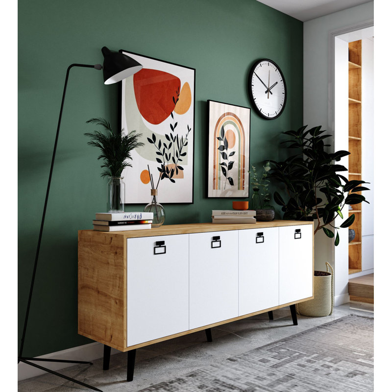 Buffet 71 po de largeur Mid-Century moderne avec pieds en bois, Blanc / chêne saphir