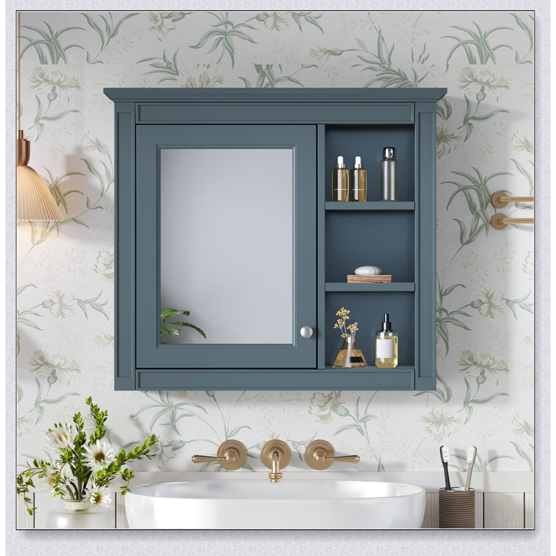 Armoire de rangement murale avec miroir, 30 po x 28 po, design moderne avec 3 tablettes ouvertes et intérieur réglable, Bleu