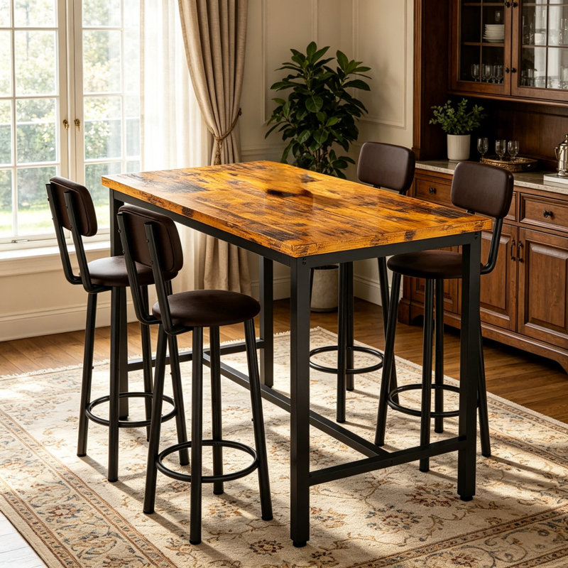 Ensemble de table de bar 5 pièces à hauteur de comptoir avec 4 tabourets de bar, ensemble de salle à manger avec îlot de cuisine industriel avec plateau en faux marbre / bois, ensemble de table de pub avec structure en métal pour petite cuisine