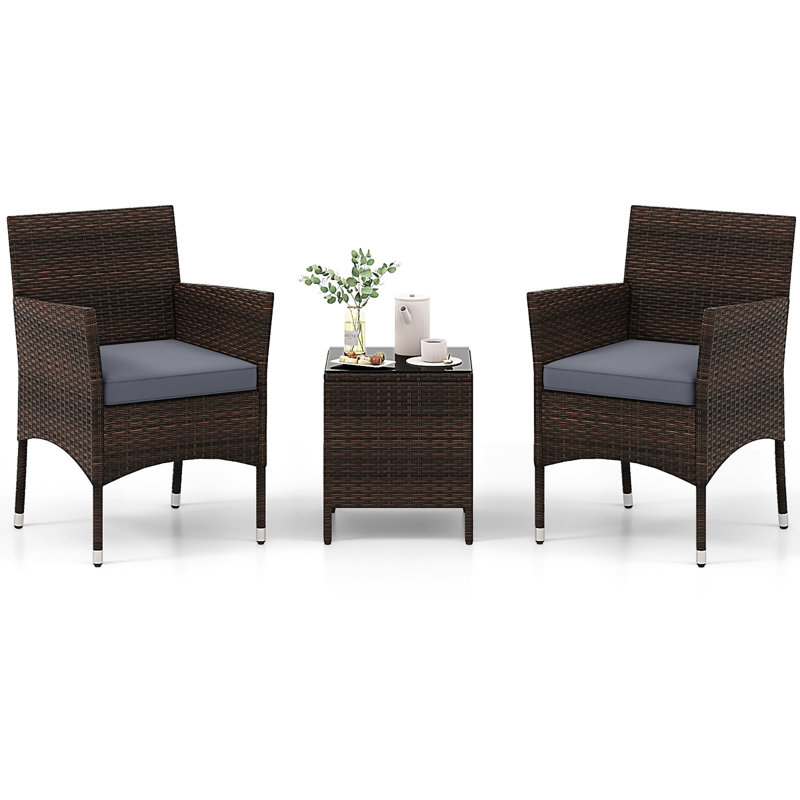  3 PCS Outdoor Conversation Set w/ Cushioned Seat & Tempered Glass Tabletop, Gray