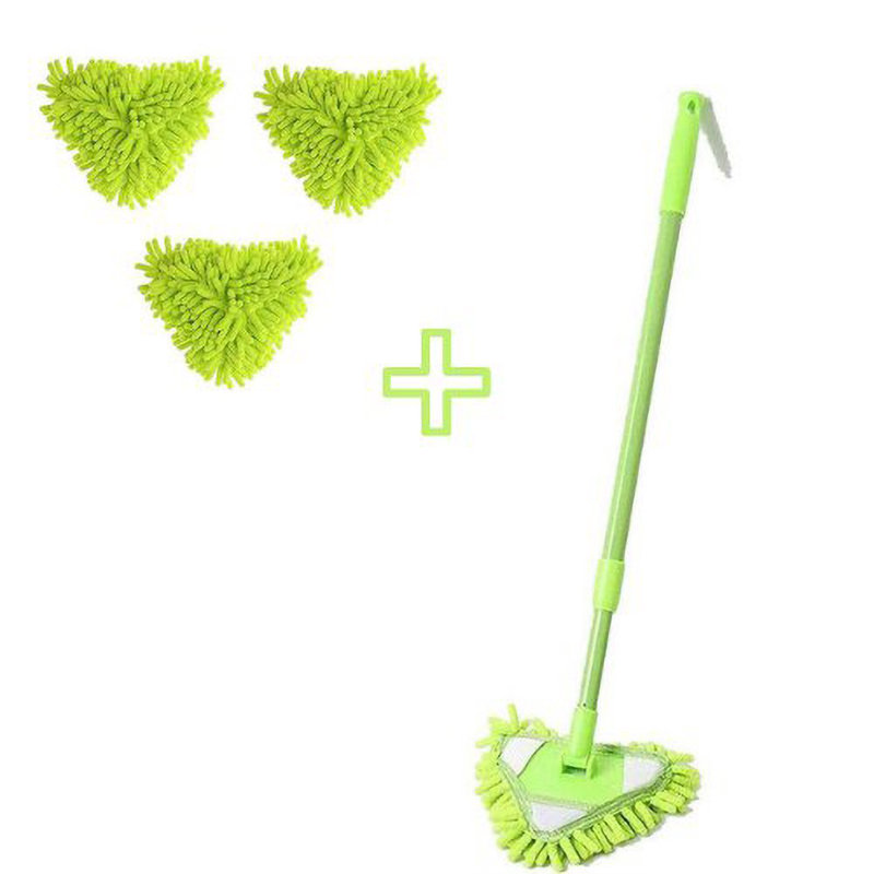 21" Triangle Small Mop With 3 Replacement Cloth Telescopic 180 Degree Rotation Magic Wipe Wall Sweeper Household Cleaning Tile, Green