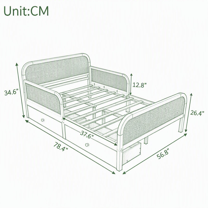 Base de lit plateforme avec 2 tiroirs de rangement, tête de lit et pied de lit, Double, Blanc