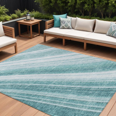 Tapis intérieur / extérieur 8 pi x 10 pi bleu turquoise et turquoise à rayures lavables