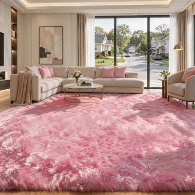 Tapis doux moelleux lavable à poils longs rose, tapis moelleux et pelucheux pour le salon, la chambre de bébé et la salle de jeux