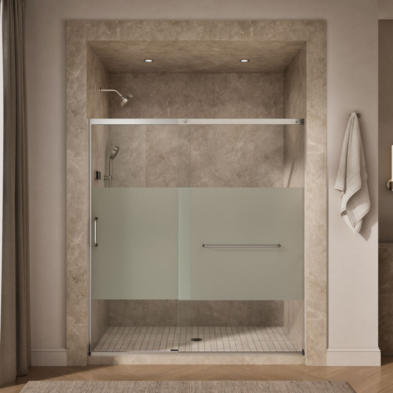 Sliding Shower Door, 75-1/2-In H X 68-1/4 - 71-5/8-In W, With Heavy 5/16-In Thick Crystal Clear Glass With Privacy Band