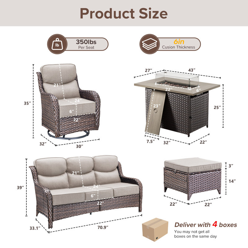 7 - Person Luxury Wicker Patio Furniture Set With Fire Pit Table & 6-Inch Extra-Thick Cushion Swivel Chairs, Beige, Brown