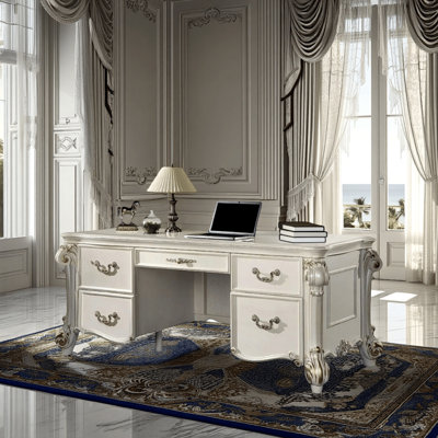 Bureau à domicile Antoine, 5 tiroirs, bois blanc perle doré, 74 po