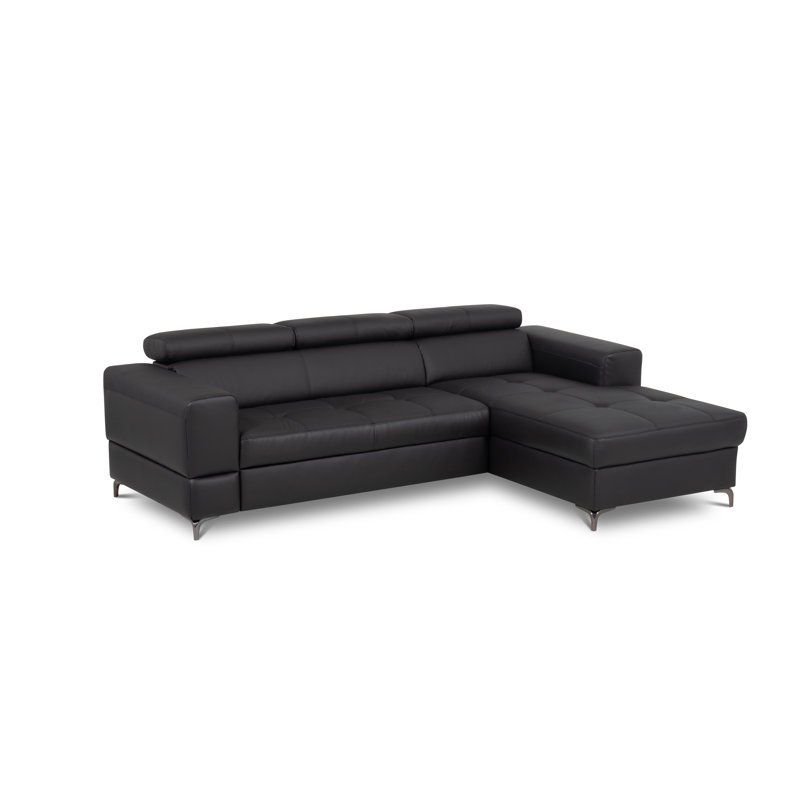 Tinos Genuine Leather Corner Sofa with Pull Out Bed with Storage and Adjustable Headrests, Black, Right Hand Facing