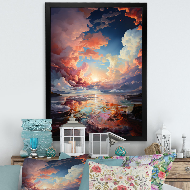 " Clouds Sunset Liquid Ink Landscape V ", Black Single Picture Framed, 20" H x 12" W x 1" D