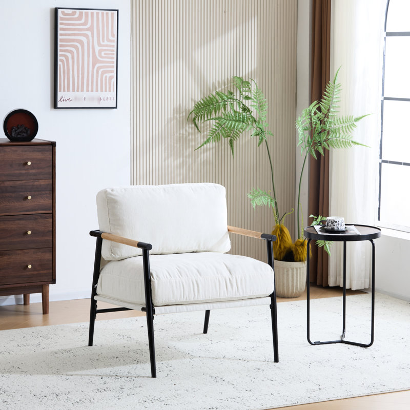 Fauteuil d'appoint de 26,8 po avec coussins de dossier souples, structure en métal et fauteuil en bois pour les espaces de vie