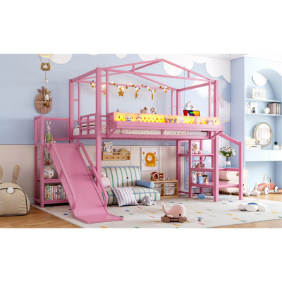 Lit mezzanine simple avec escalier de rangement, tablettes et garde-robe intégrée, structure de lit mezzanine en métal avec ports USB et lumières DEL, conception à bruit réduit