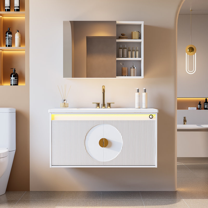 36" Floating Bathroom Vanity Set With Led Lighting, Wall-Mounted Mirrored Medicine Cabinet With Large Storage For Bathroom, White
