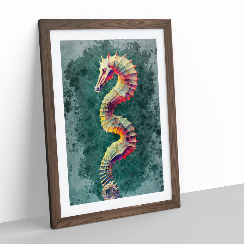 Watercolour Seahorse - Single Picture Frame Painting, 64cm H x 46cm W x 2cm D, Walnut