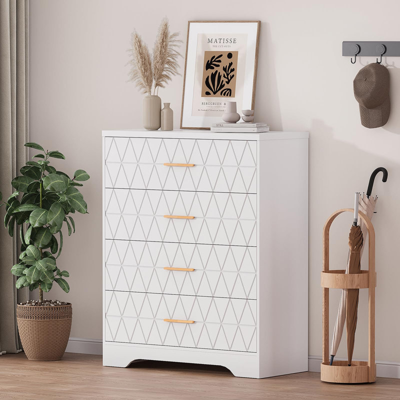 Grandes commodes pour la chambre à coucher avec 4 tiroirs, commode en bois avec poignées dorées pour le placard, table de chevet moderne pour le chevet