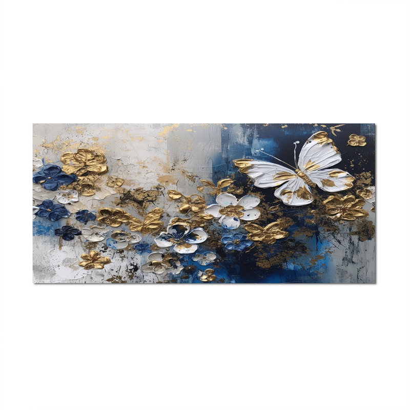 Rynisha, ailes de papillon bleu doré et fleurs I - art mural floral, Toile tendue, H 28 po x l 60 po x P 1,5 po