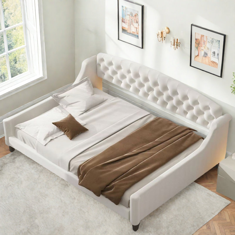 Lit de jour moderne avec bouton capitonné et pieds solides, Beige