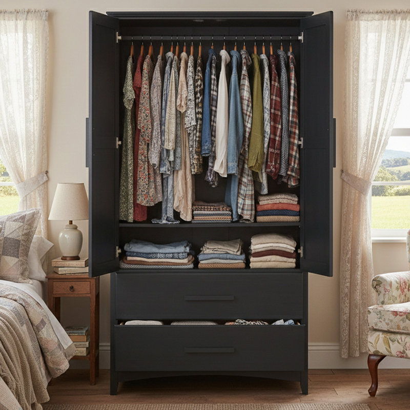 Armoire en bois massif avec 2 tiroirs peints en noir massif, Noir uni peint