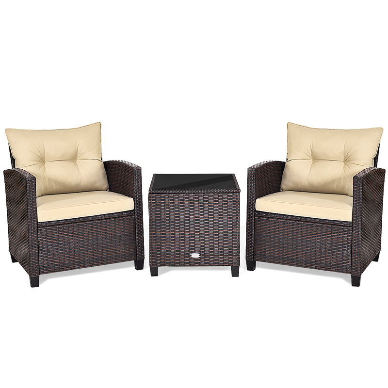 Ensemble de conversation en rotin 3 pièces avec coussins Chunn, Beige, Gris foncé