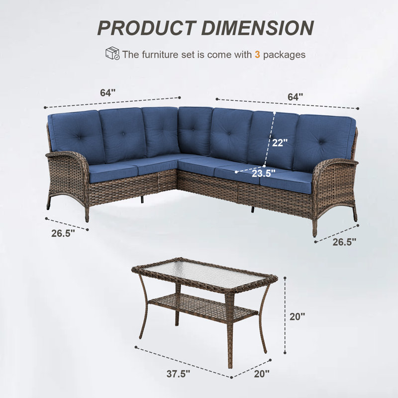  Valierius L-Shaped Outdoor Sectional Sofa Set, PE Wicker Couch With Water-Resistant Olefin Cushions, Blue