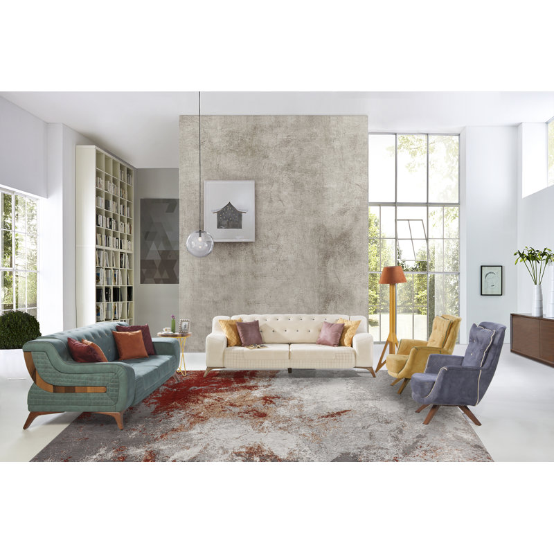 Seren Cotton Area Rug in Gray/Red/Peachy Pink, Rectangle 5'6" x 8'6"