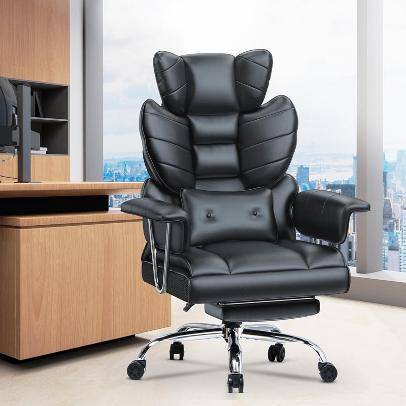 PU Leather Executive Chair with Footrest and Lumbar Support, Black