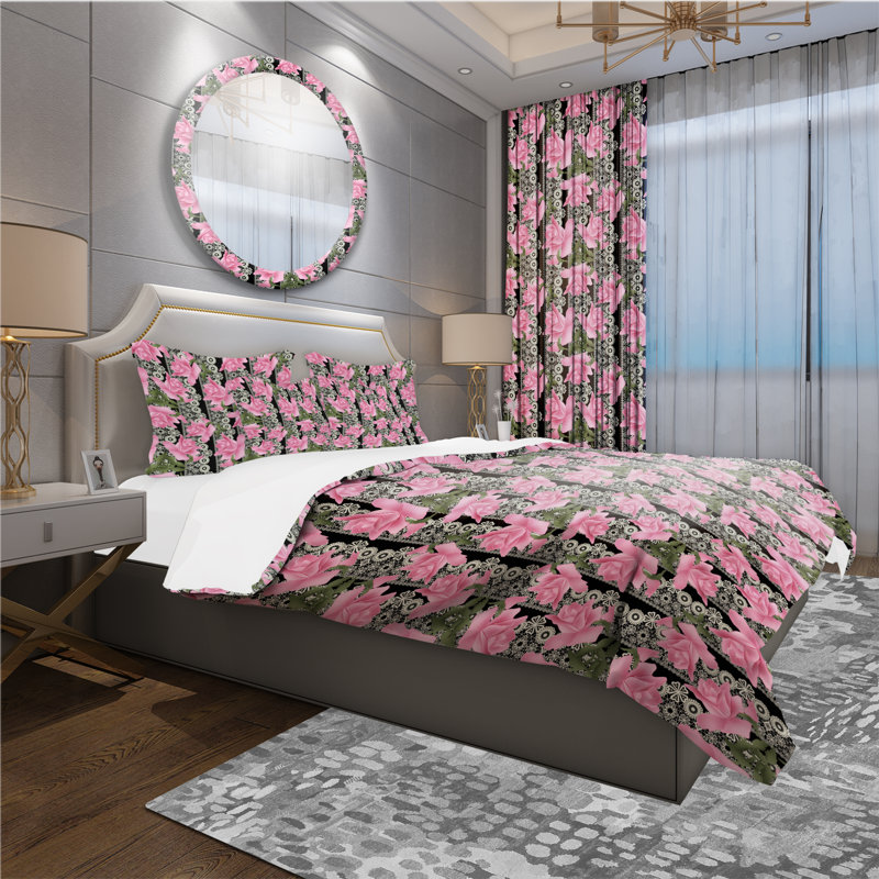 Black Lacy Roses Pattern - Floral Duvet Cover Set - Microfiber Polyester, Full/Queen Duvet Cover + 2 Shams