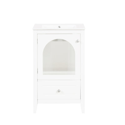 Modern 20" Bathroom Vanity With Ceramic Basin, White Cabinet - Drawer Sink, Glass Door And