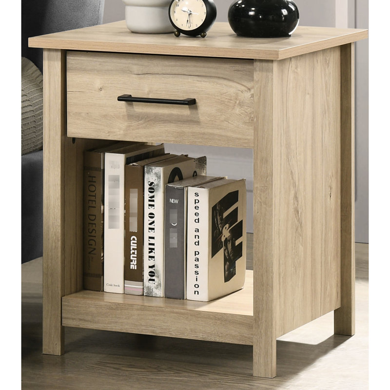 Table de chevet à 1 tiroir avec structure en chêne et tablette ouverte pour articles de nuit, capacité de poids de 35 lb, capacité essentielle de 15 lb,