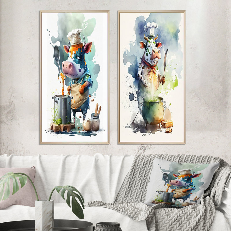 «Cuisson de la vache dans la cuisine», 2 pièces sur toile, Encadrement brun, H 32 po x l 32 po