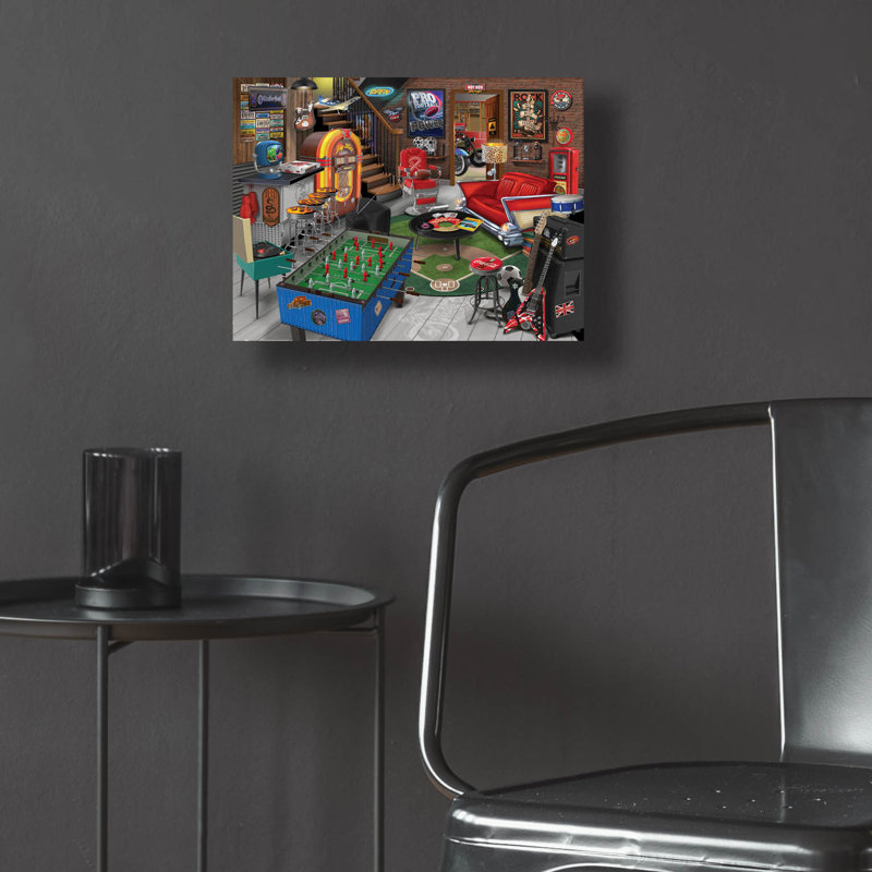 «Retro Man Cave» par Bigelow, illustrations sur verre acrylique, H 12 po x l 16 po x P 0,13 po