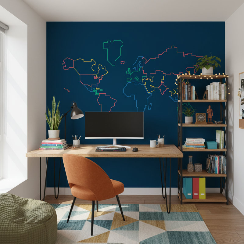 Papier peint carte du monde moderne abstrait, L 108 po x l 140 po, Marine