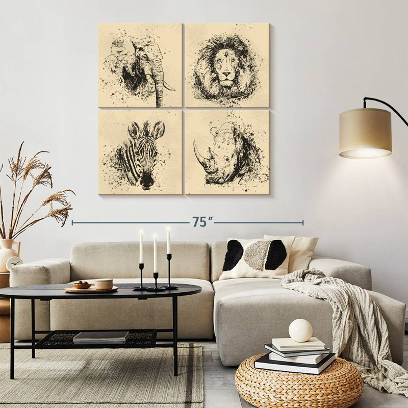 «Mighty African Animals», ensemble de 4 reproductions sur toile par Vintage Charm Collective, H 57 po x l 57 po x P 1,25 po