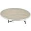 Table basse ovale en chêne gris vieilli, structure métallique robuste et design fonctionnel noir aspect bois