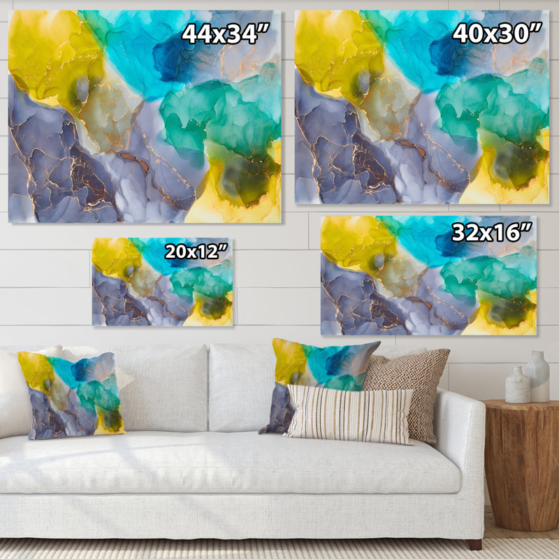 Turquoise et jaune luxe abstrait fluide - peinture sur toile, H 12 po x l 20 po x P 1 po, Toile tendue