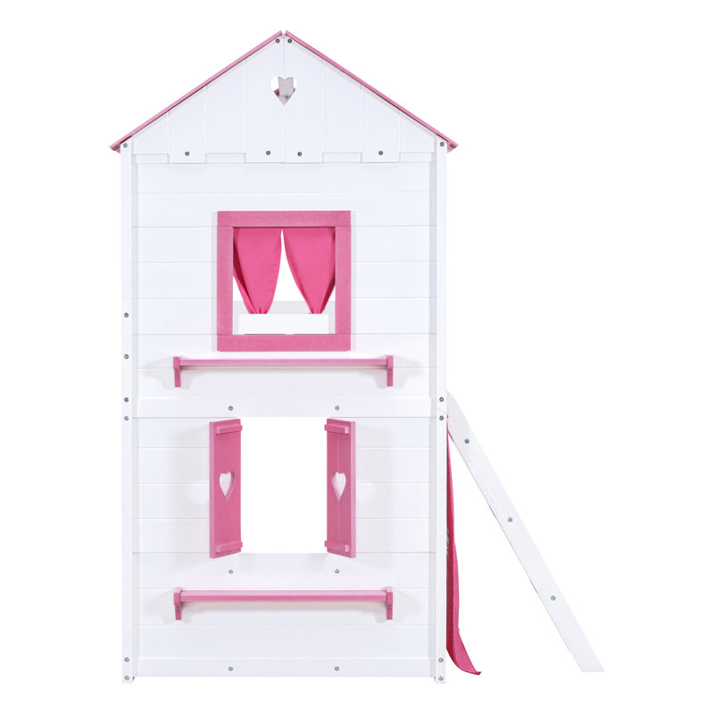 Lit simple superposé en bois avec lits élégants, rebords et tente, Rose/Blanc