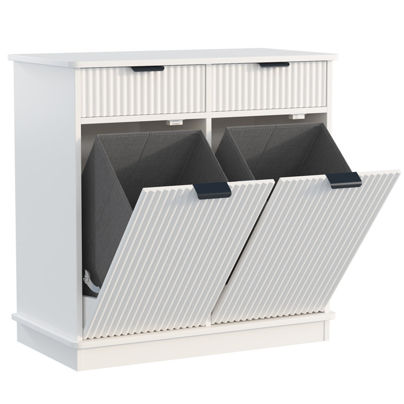 Double Tilt-Out Laundry Hamper Cabinet Hidden Laundry Cabinet With 2 Drawers & 2 Baskets For Bathroom, Kitchen, White