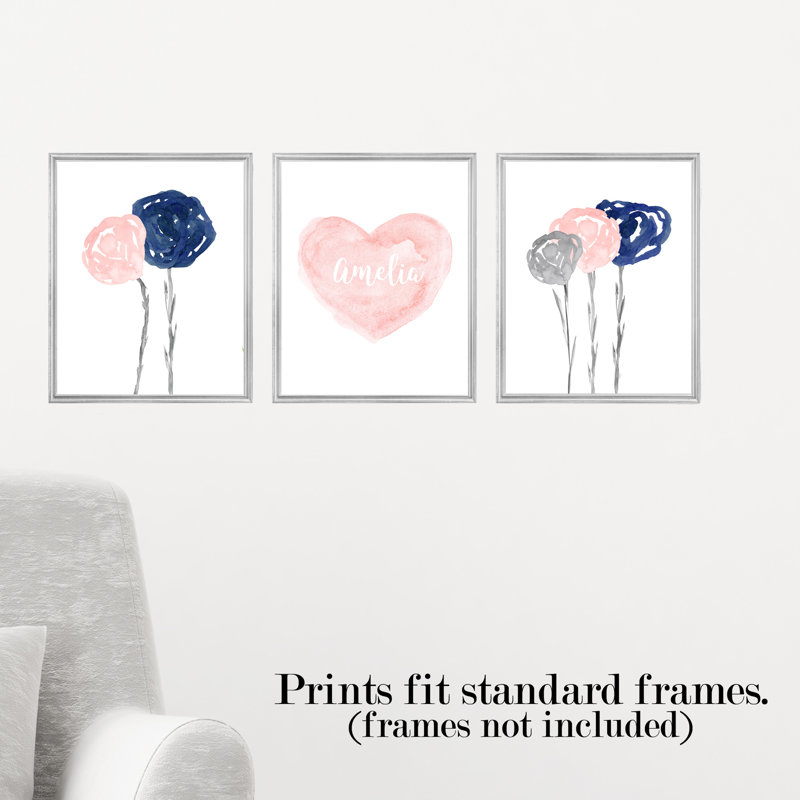 Fleurs et cœur personnalisé, 3 impressions sur papier, H 10 po x l 8 po, Rosé, Oui