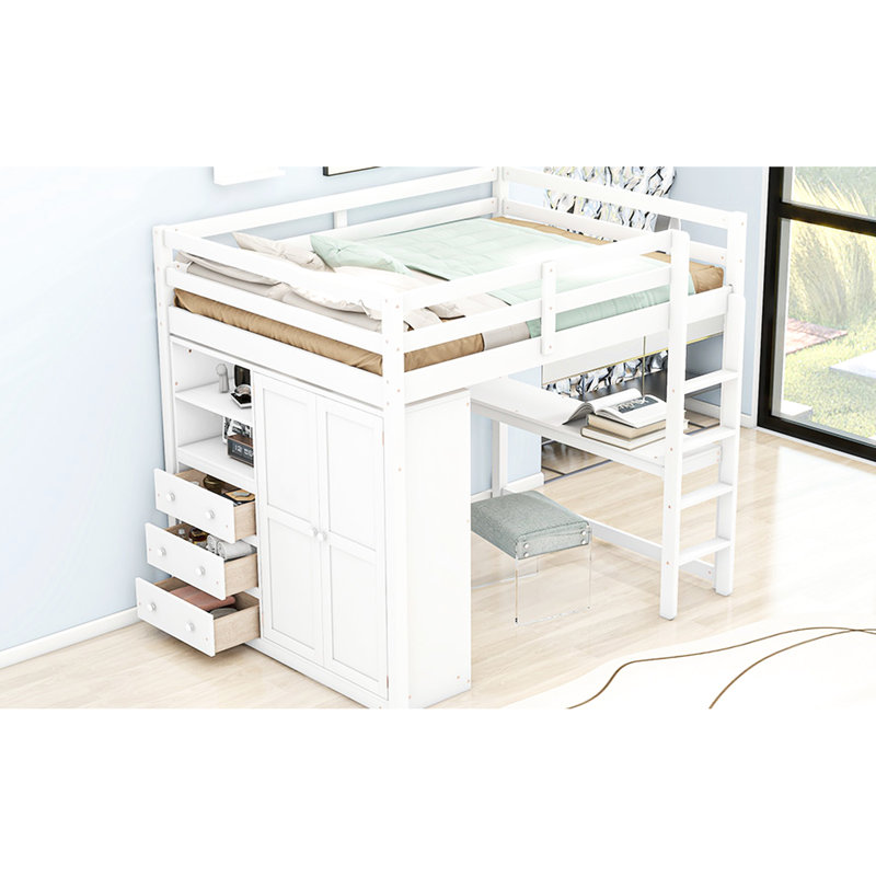 Lit mezzanine double blanc avec garde-robe, bureau, tablettes et tiroirs intégrés, Blanc