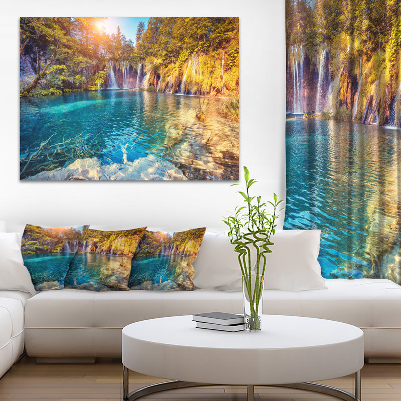 Turquoise Water and Sunny Beams - Landscape Photography Print, 28" H x 60" W x 1.5" D, Floater Framed Canvas