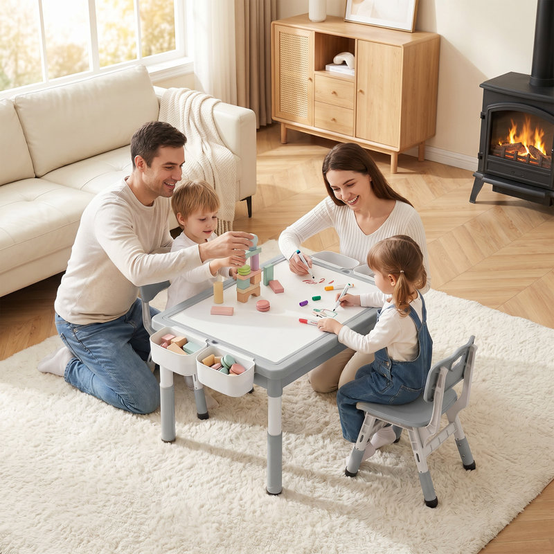 Kids Table & 2 Chairs Set, Height Adjustable Children Activity Table w/Storage, Graffiti & Building Blocks Tabletop, Toddler Furniture Set for Classroom, Daycare, Home