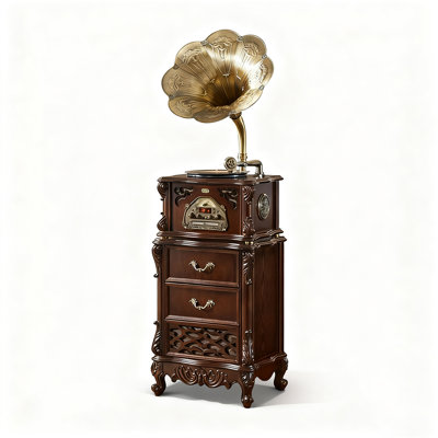 Euro-American Vintage Rubberwood Phonograph: Bluetooth Turntable With Drawers