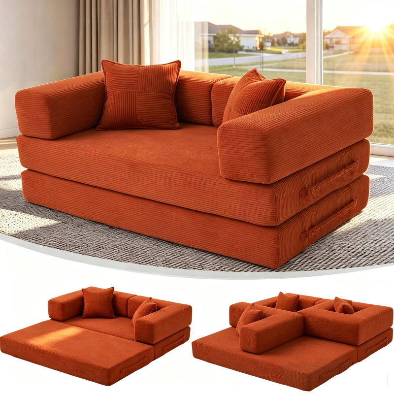65Inch Floor Sofa Bed, 5-In-1 Convertible Sleeper Sofa With Removable Armrests, Corduroy Fabric Sofa Couch, No Assembly Required For Living Room, Dorm, Studio