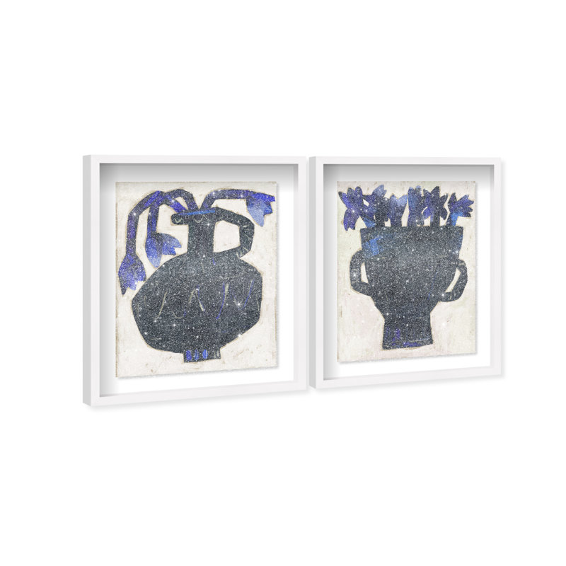 Indigo Vases Set Shadowbox Floral & Botanical Print by Oliver Gal, Black Frame, 16 x 20, 51"H x 43"W, White Shadowbox