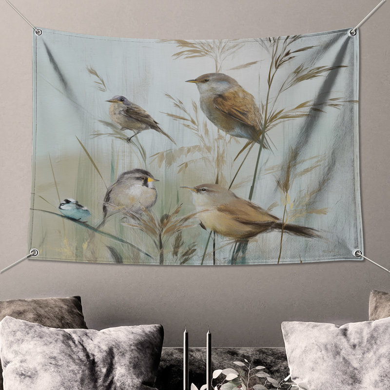 Tapisserie murale oiseaux sur gazon - Décoration murale oiseaux, H 50 po x l 60 po avec 4 œillets