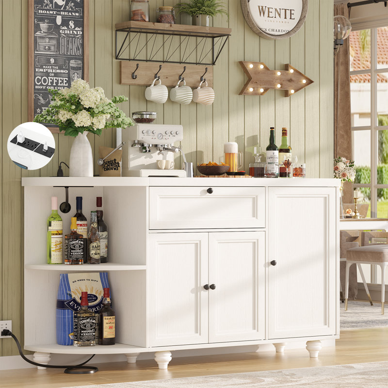 Farmhouse 55"W Bar Cabinet With Outlet, Coffee Bar With Drawer & 15 Wine Glass Rack, White