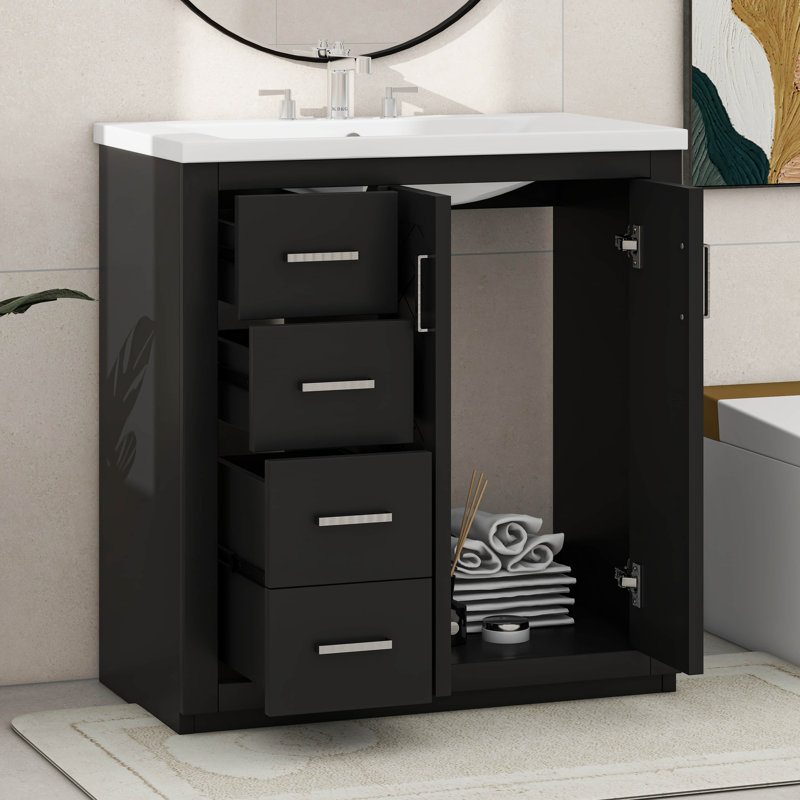Meuble-lavabo simple autoportant 30 po avec 3 tiroirs, Noir, Argent argent