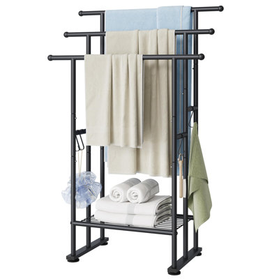 3 Tier Freestanding Towel Rack with Shelf, Towel Stand, Metal Drying Rack for Oversized Bath Towels & Blankets, 4 Hooks, Indoor & Outdoor Use, Fits Bathroom, Tub, Shower, Poolside, (Black)