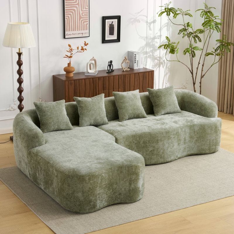 Canapé modulaire en L à compression complète avec méridienne incurvée, canapé en chenille vert modulaire, haute densité pour le salon en appartement