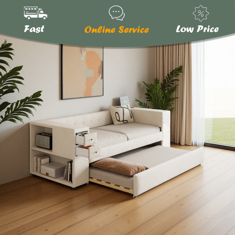 Lit simple tapissier avec rangement et lit gigogne simple, Beige
